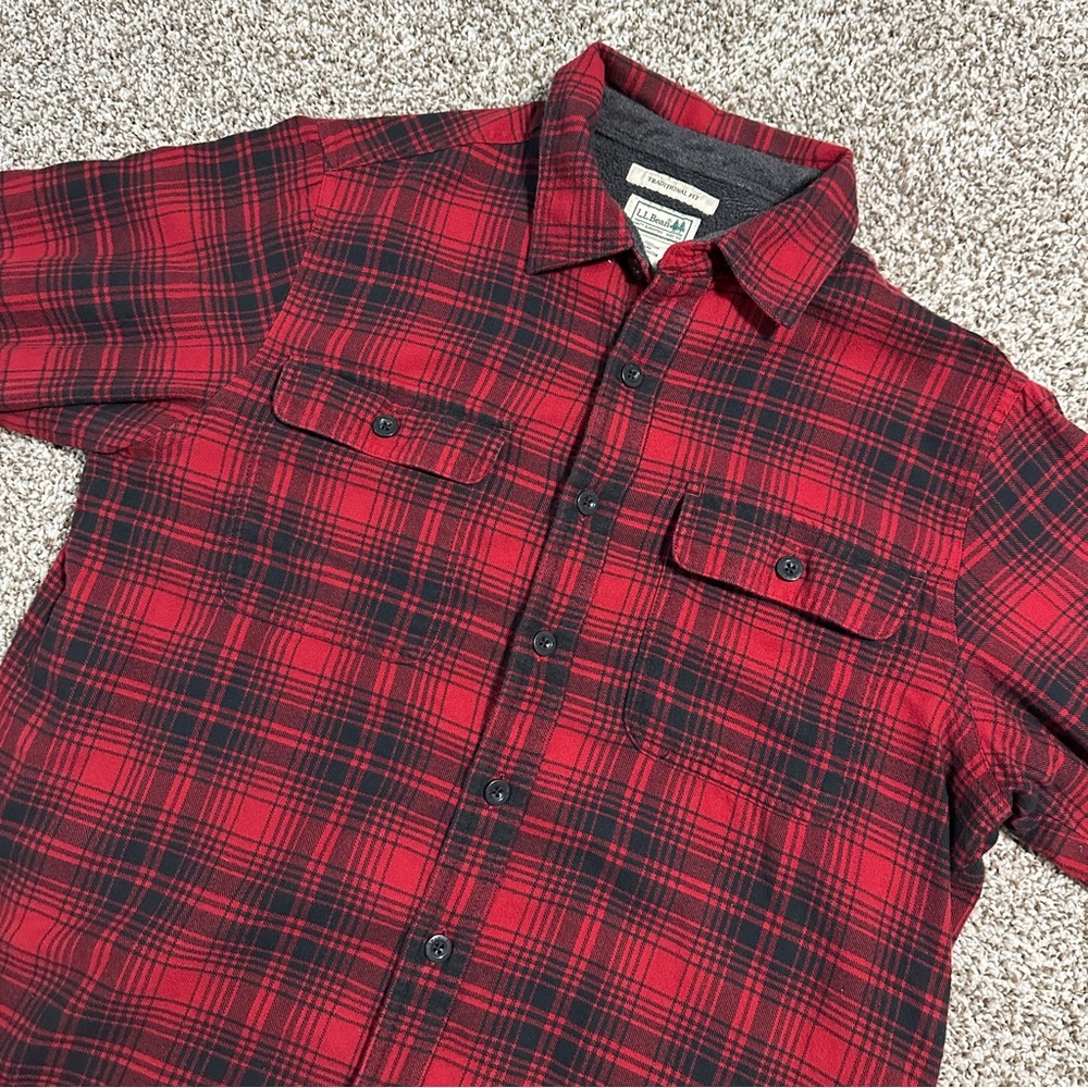 LL Bean Rustic Red Plaid Fleece Lined Flannel Men's Shirt